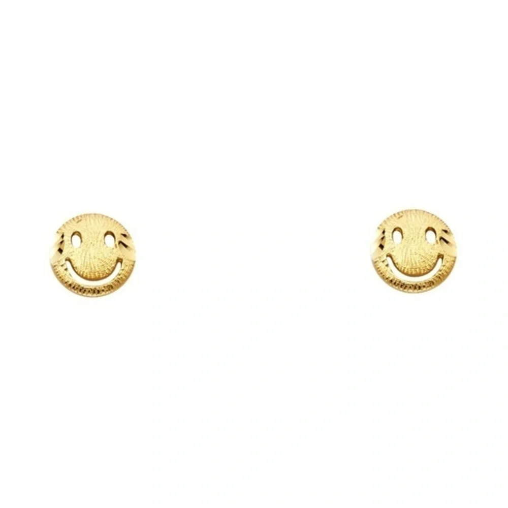 14k Gold Happy Face Emoji Round Stud Earrings